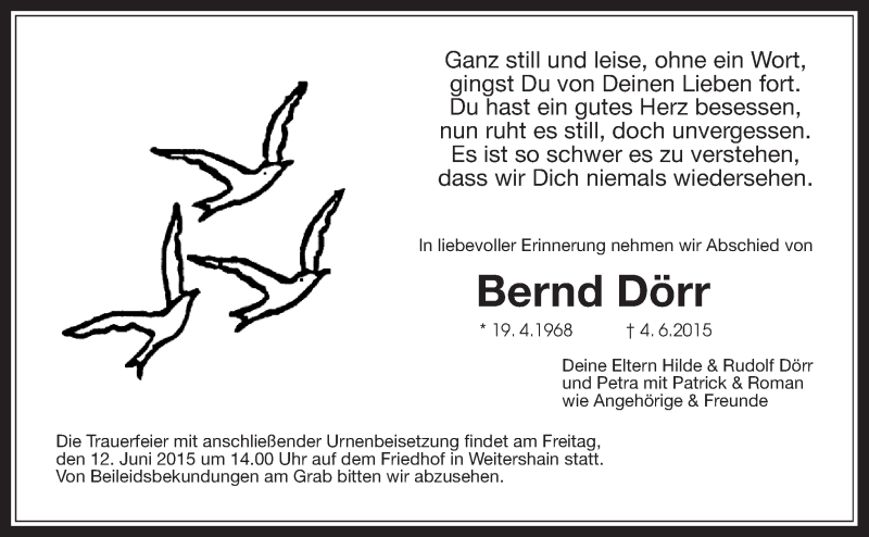 Traueranzeige für Bernd Dörr vom 10.06.2015 aus Gießener Allgemeine, Alsfelder Allgemeine