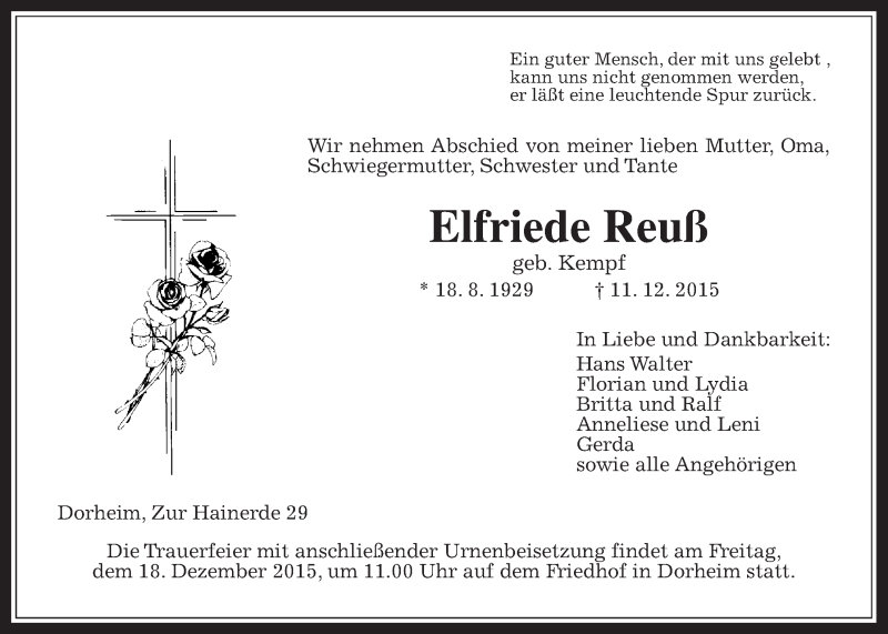  Traueranzeige für Elfriede Reuß vom 15.12.2015 aus Wetterauer Zeitung, Wetterauer Zeitung