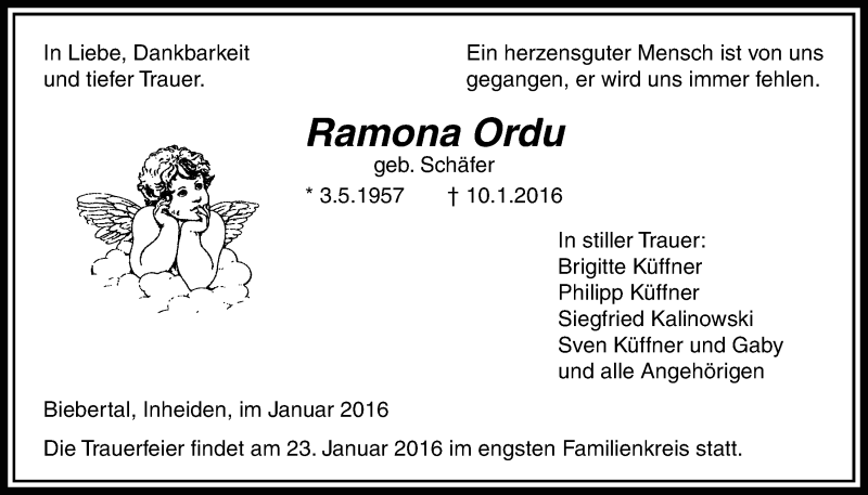  Traueranzeige für Ramona Ordu vom 21.01.2016 aus Licher Wochenblatt, Licher Wochenblatt, Licher Wochenblatt