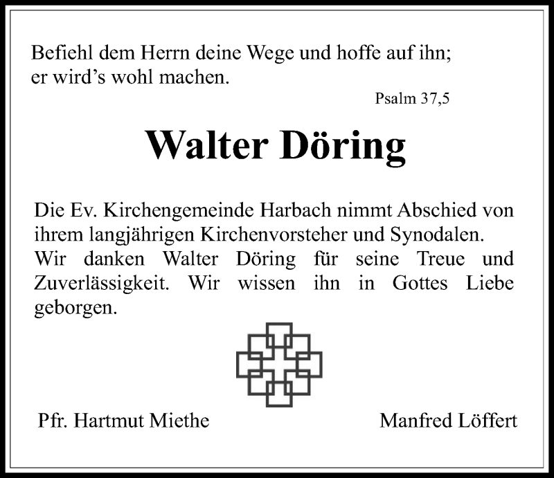  Traueranzeige für Walter Döring vom 05.03.2016 aus Gießener Allgemeine, Alsfelder Allgemeine