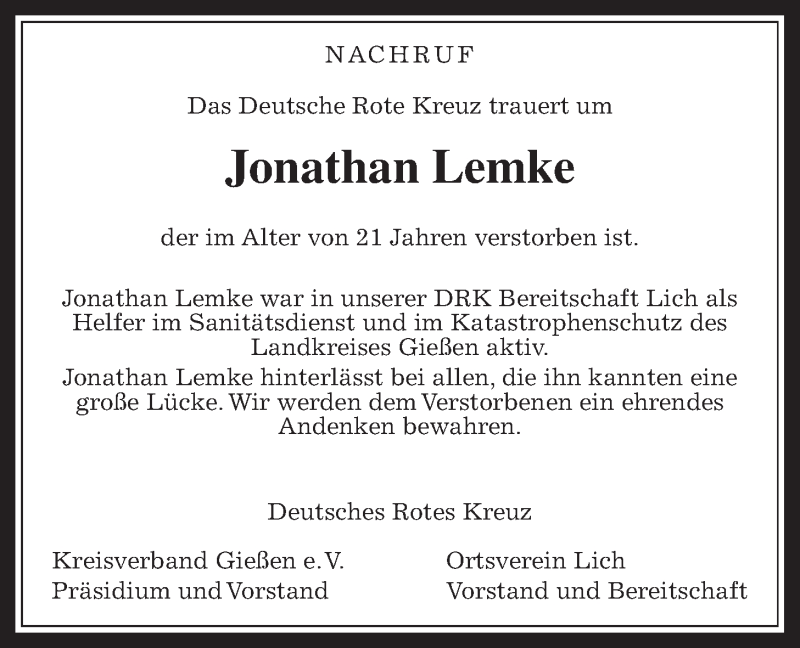  Traueranzeige für Jonathan Lemke vom 26.08.2015 aus Gießener Allgemeine, Alsfelder Allgemeine