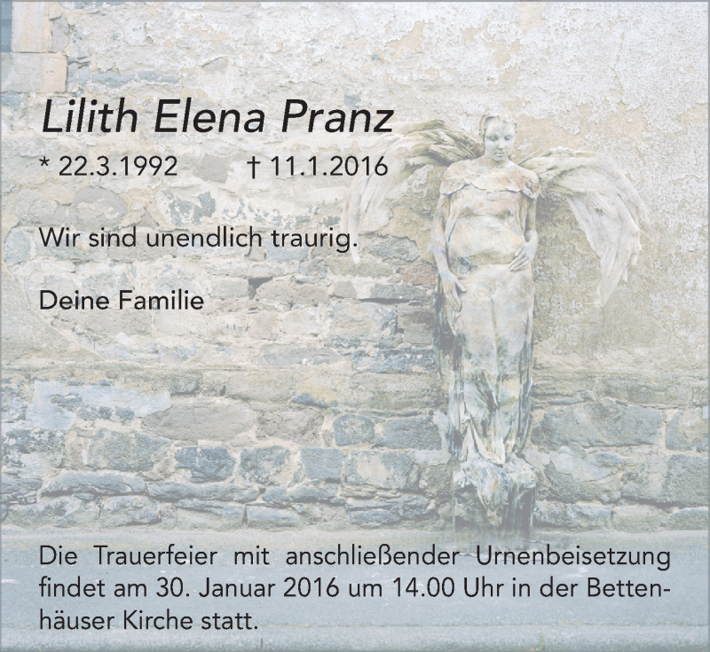  Traueranzeige für Lilith Elena Pranz vom 28.01.2016 aus Licher Wochenblatt, Licher Wochenblatt, Licher Wochenblatt