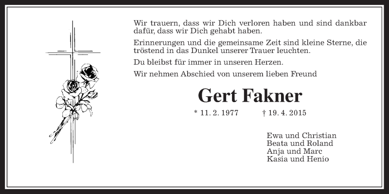  Traueranzeige für Gert Fakner vom 27.04.2015 aus Wetterauer Zeitung, Wetterauer Zeitung