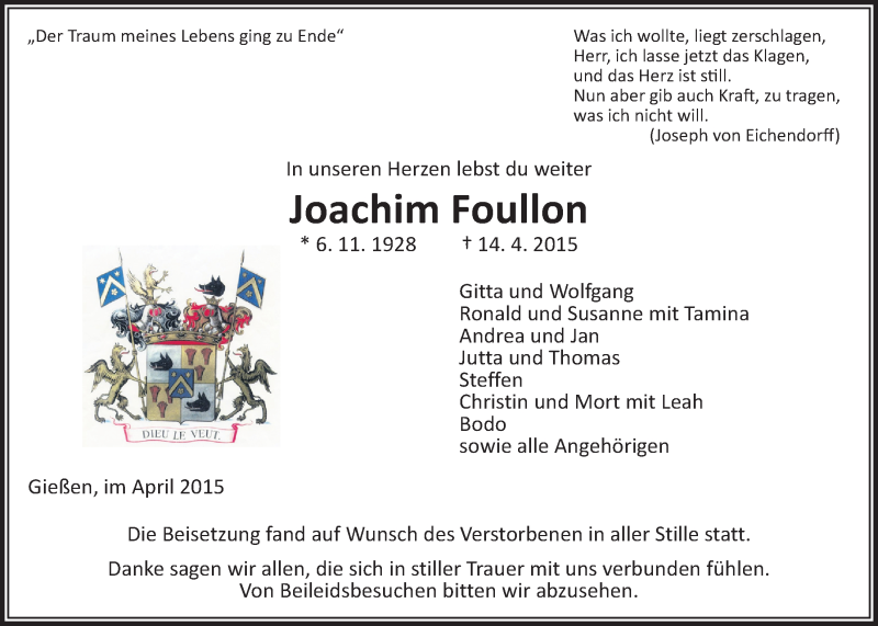  Traueranzeige für Joachim Foullon vom 25.04.2015 aus Gießener Allgemeine, Alsfelder Allgemeine