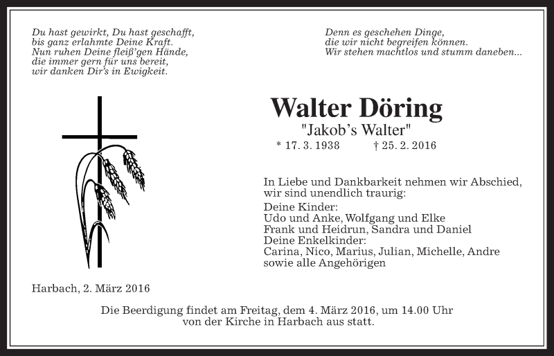  Traueranzeige für Walter Döring vom 02.03.2016 aus Gießener Allgemeine, Alsfelder Allgemeine