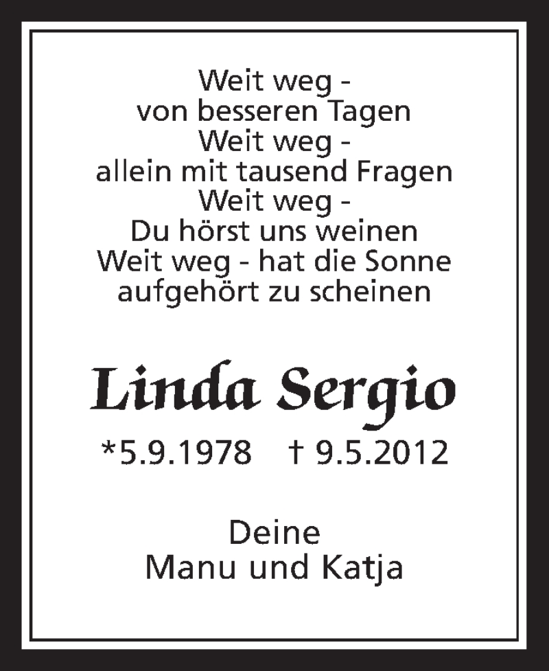 Traueranzeige für Linda Sergio vom 09.05.2015 aus Wetterauer Zeitung, Wetterauer Zeitung
