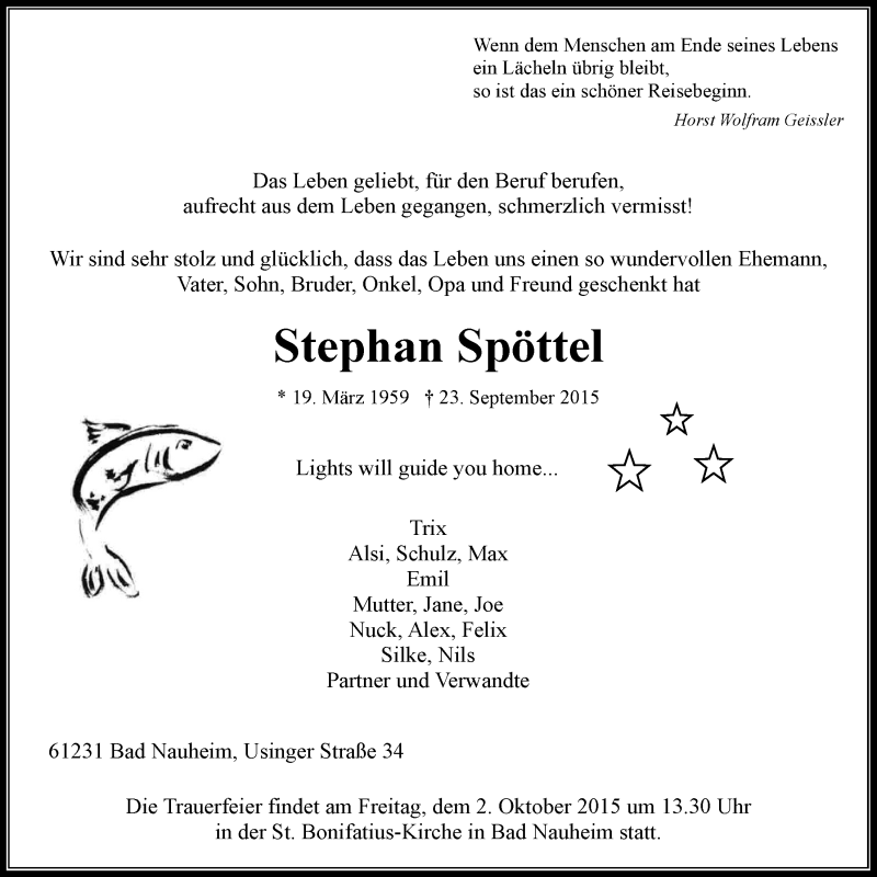  Traueranzeige für Stephan Spöttel vom 01.10.2015 aus Wetterauer Zeitung, Wetterauer Zeitung