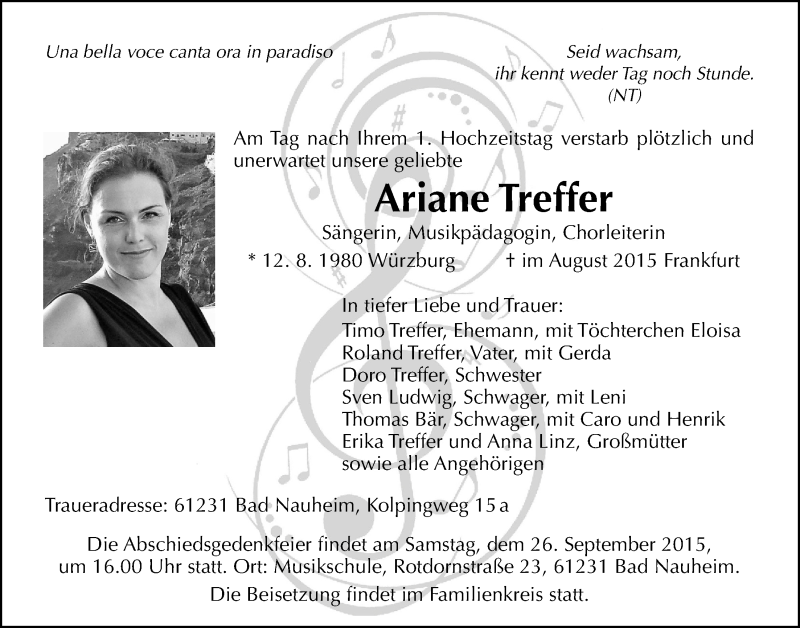  Traueranzeige für Ariane Treffer vom 19.09.2015 aus Wetterauer Zeitung, Wetterauer Zeitung