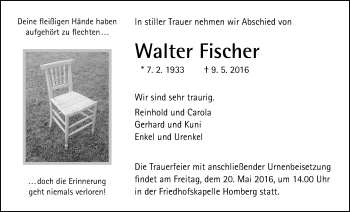 Traueranzeige von Walter Fischer von Alsfelder Allgemeine