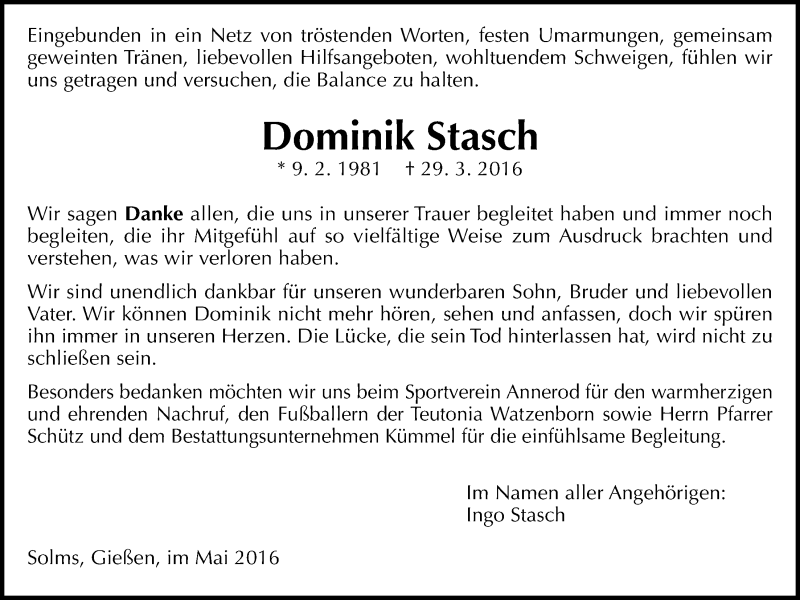  Traueranzeige für Dominik Stasch vom 14.05.2016 aus Gießener Allgemeine, Alsfelder Allgemeine