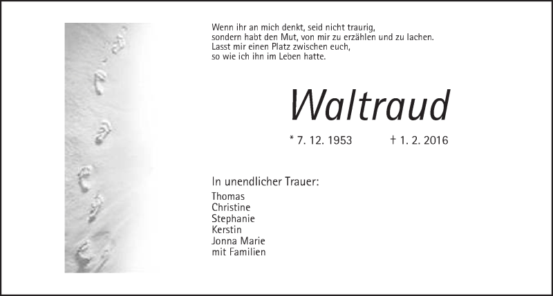  Traueranzeige für Waltraud Otto-Hering vom 04.02.2016 aus Gießener Allgemeine, Alsfelder Allgemeine