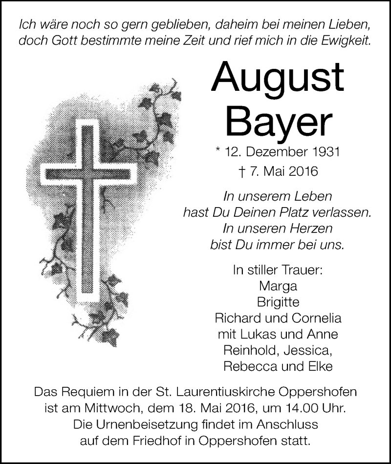  Traueranzeige für August Bayer vom 14.05.2016 aus Wetterauer Zeitung, Wetterauer Zeitung