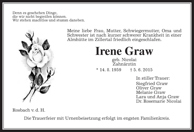  Traueranzeige für Irene Graw vom 20.06.2015 aus Wetterauer Zeitung, Wetterauer Zeitung