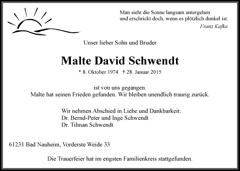  Traueranzeige für Malte David Schwendt vom 18.02.2015 aus Wetterauer Zeitung, Wetterauer Zeitung