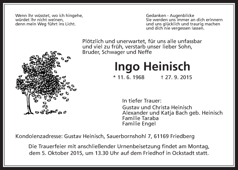  Traueranzeige für Ingo Heinisch vom 02.10.2015 aus Wetterauer Zeitung, Wetterauer Zeitung