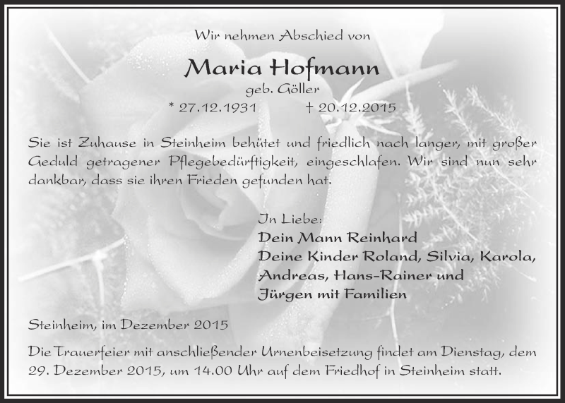  Traueranzeige für Maria Hofmann vom 23.12.2015 aus Licher Wochenblatt, Licher Wochenblatt, Licher Wochenblatt