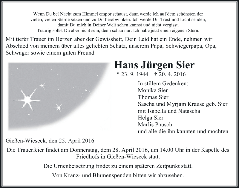  Traueranzeige für Hans Jürgen Sier vom 25.04.2016 aus Gießener Allgemeine, Alsfelder Allgemeine