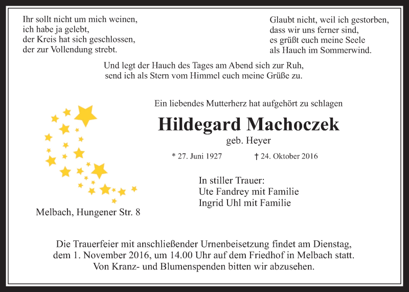 Traueranzeige für Hildegard Machoczek vom 29.10.2016 aus Wetterauer Zeitung, Wetterauer Zeitung