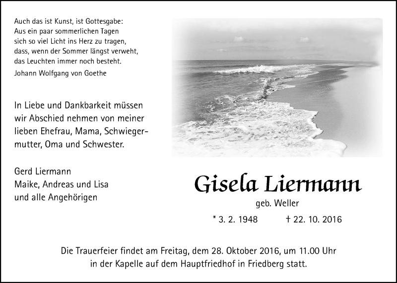  Traueranzeige für Gisela Liermann vom 25.10.2016 aus Gießener Allgemeine, Alsfelder Allgemeine, Wetterauer Zeitung, Wetterauer Zeitung