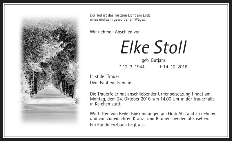  Traueranzeige für Elke Stoll vom 22.10.2016 aus Wetterauer Zeitung, Wetterauer Zeitung