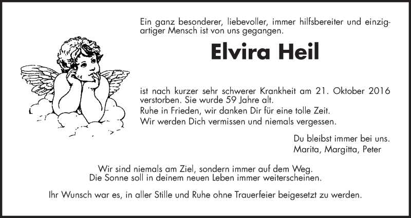  Traueranzeige für Elvira Heil vom 25.10.2016 aus Wetterauer Zeitung, Wetterauer Zeitung