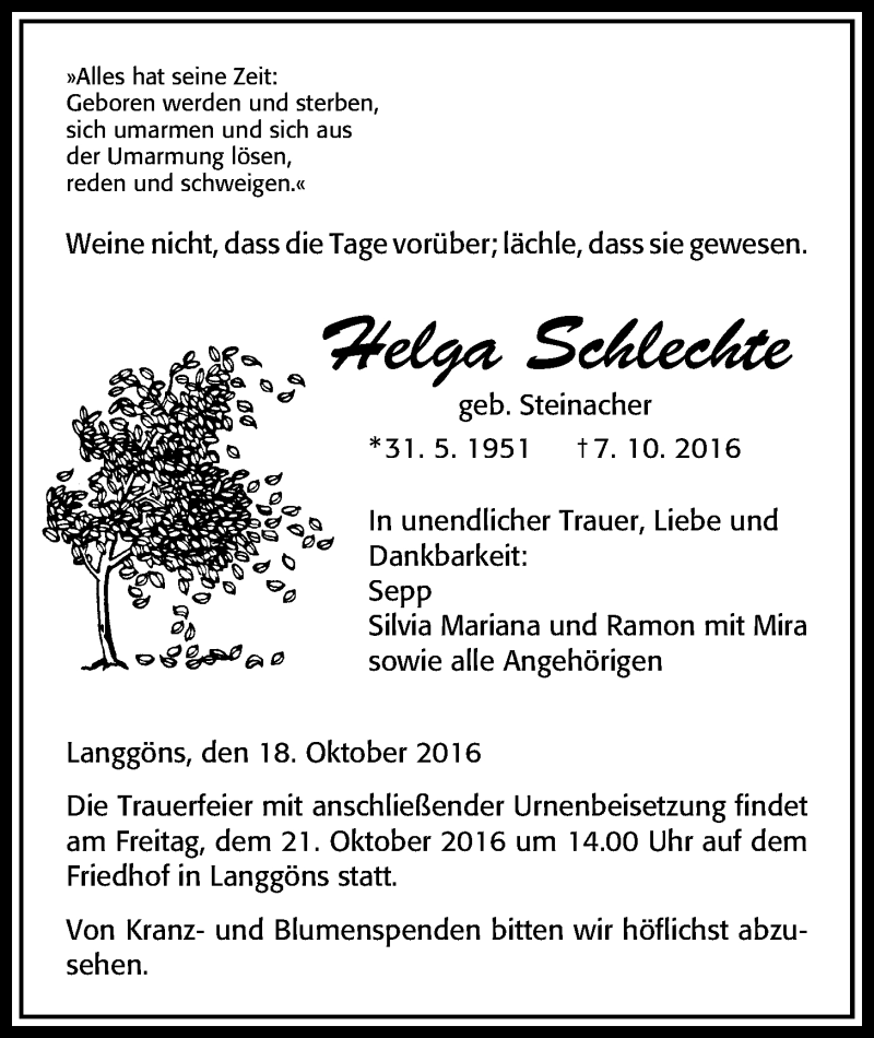 Traueranzeige für Helga Schlechte vom 18.10.2016 aus Gießener Allgemeine, Alsfelder Allgemeine
