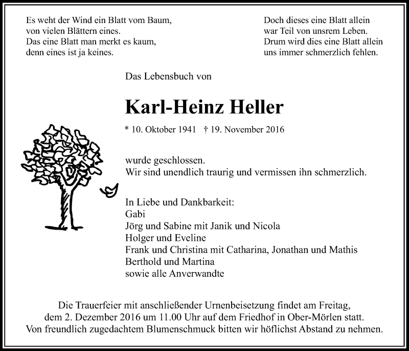  Traueranzeige für Karl-Heinz Heller vom 29.11.2016 aus Wetterauer Zeitung, Wetterauer Zeitung