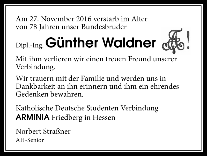  Traueranzeige für Günther Waldner vom 30.11.2016 aus Wetterauer Zeitung, Wetterauer Zeitung