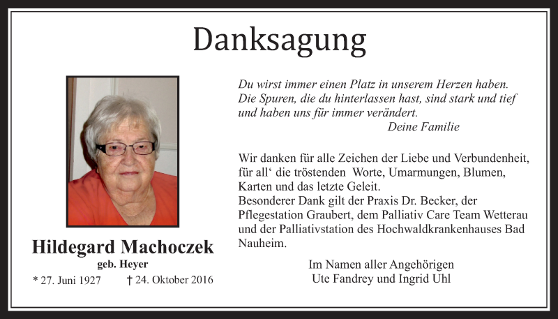  Traueranzeige für Hildegard Machoczek vom 12.11.2016 aus Wetterauer Zeitung, Wetterauer Zeitung