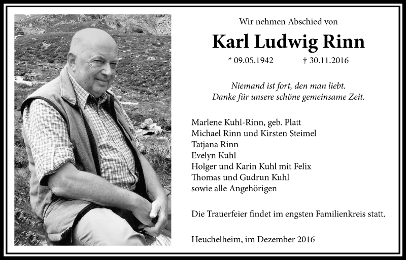  Traueranzeige für Karl Ludwig Rinn vom 03.12.2016 aus Gießener Allgemeine, Alsfelder Allgemeine