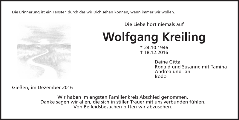  Traueranzeige für Wolfgang Kreiling vom 24.12.2016 aus Gießener Allgemeine, Alsfelder Allgemeine
