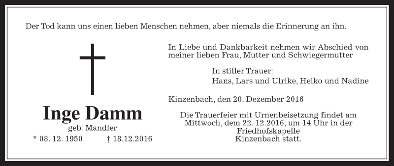  Traueranzeige für Inge Damm vom 20.12.2016 aus Gießener Allgemeine, Alsfelder Allgemeine