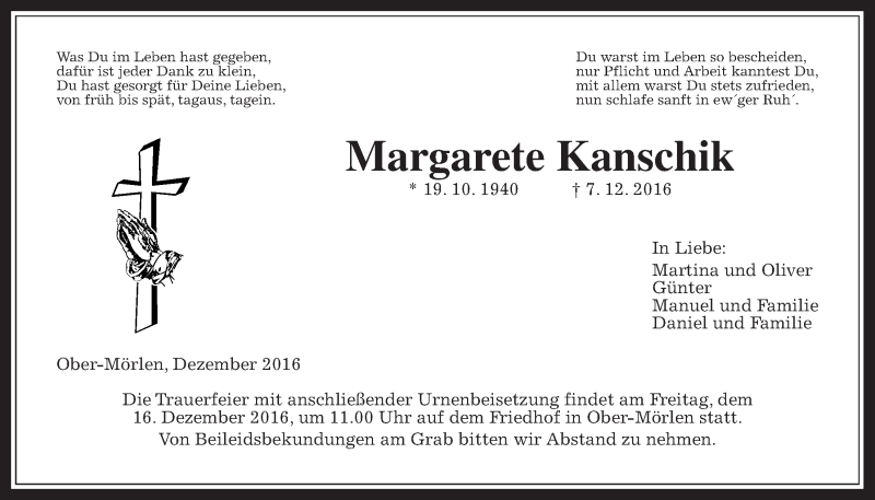  Traueranzeige für Margarete Kanschik vom 10.12.2016 aus Wetterauer Zeitung, Wetterauer Zeitung