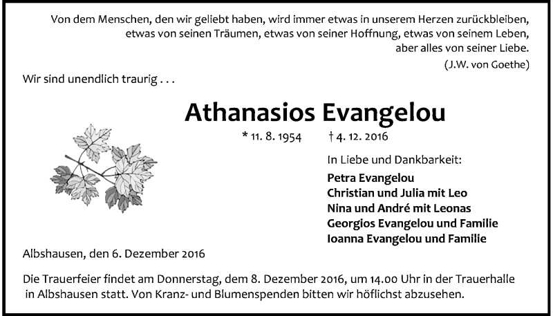  Traueranzeige für Athanasios Evangelou vom 06.12.2016 aus Gießener Allgemeine, Alsfelder Allgemeine