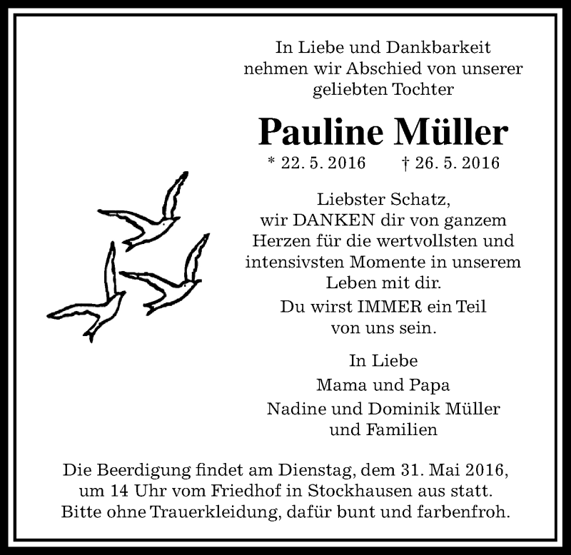  Traueranzeige für Pauline Müller vom 28.05.2016 aus Gießener Allgemeine, Alsfelder Allgemeine