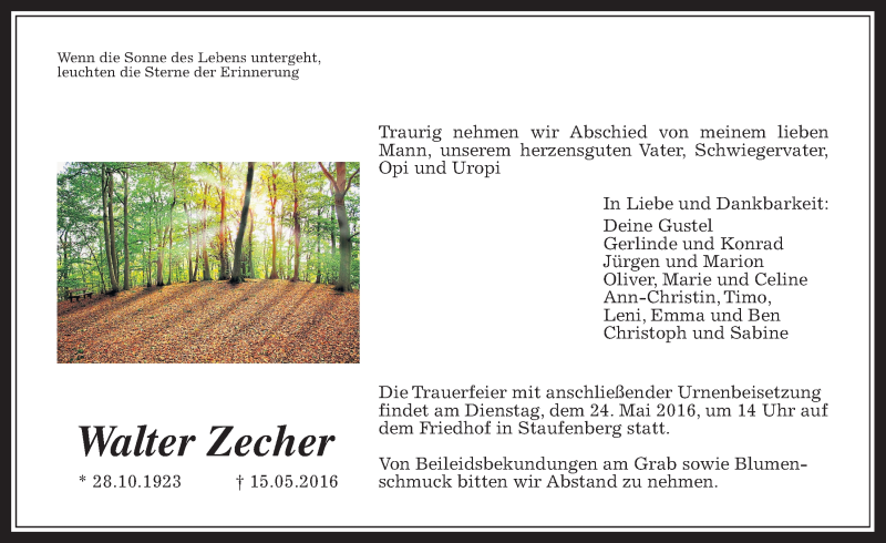  Traueranzeige für Walter Zecher vom 21.05.2016 aus Gießener Allgemeine, Alsfelder Allgemeine