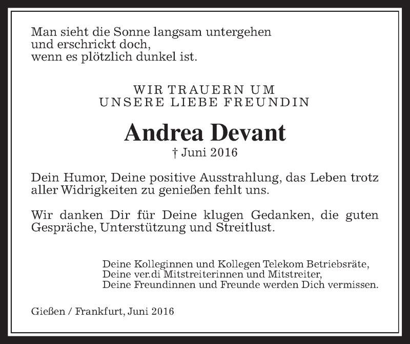  Traueranzeige für Andrea Devant vom 11.06.2016 aus Gießener Allgemeine, Alsfelder Allgemeine