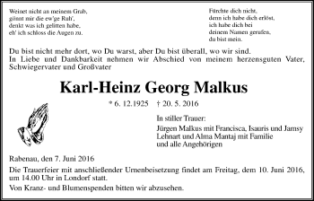 Traueranzeige von Karl-Heinz Georg Malkus von Gießener Allgemeine, Alsfelder Allgemeine