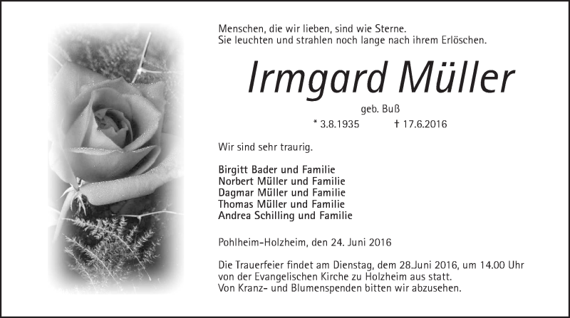  Traueranzeige für Irmgard Müller vom 24.06.2016 aus Gießener Allgemeine, Alsfelder Allgemeine