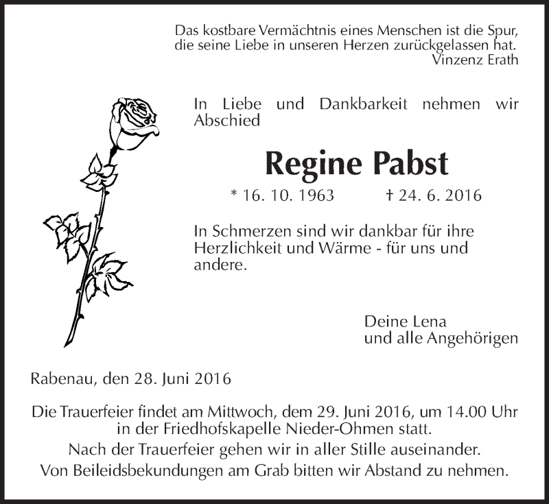  Traueranzeige für Regine Pabst vom 28.06.2016 aus Gießener Allgemeine, Alsfelder Allgemeine