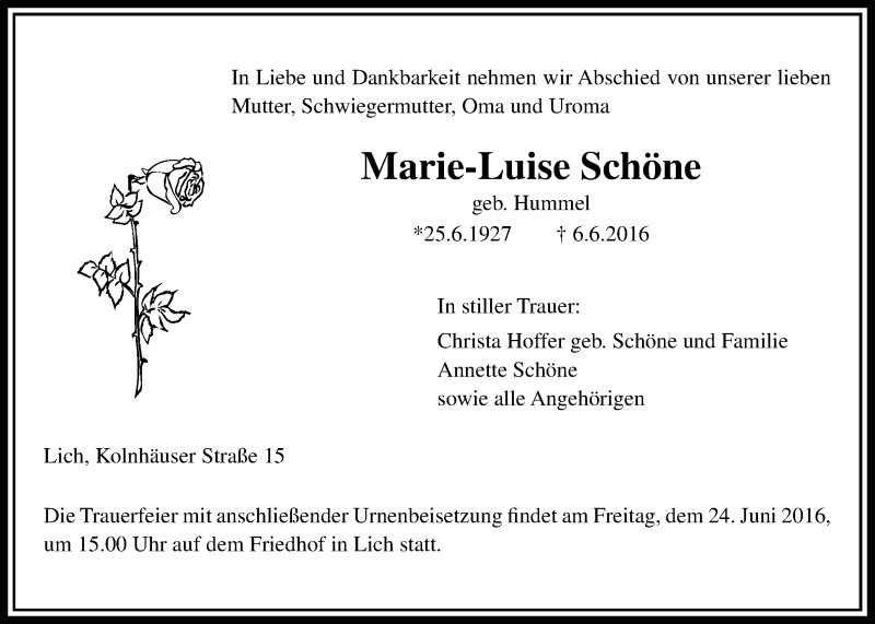  Traueranzeige für Marie-Luise Schöne vom 16.06.2016 aus Licher Wochenblatt, Licher Wochenblatt, Licher Wochenblatt