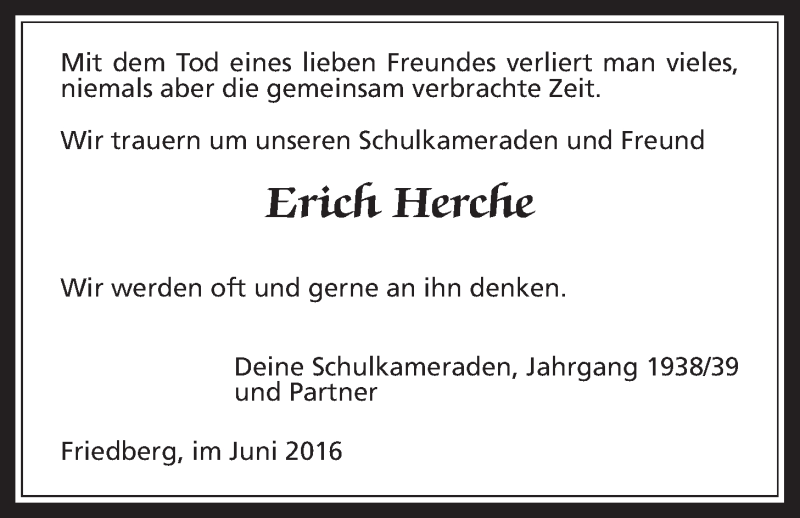  Traueranzeige für Erich Herche vom 25.06.2016 aus Wetterauer Zeitung, Wetterauer Zeitung