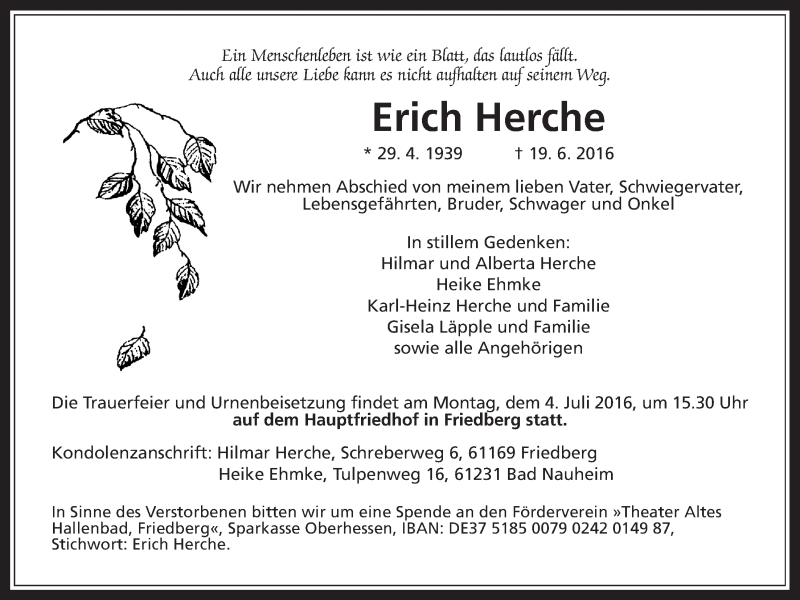  Traueranzeige für Erich Herche vom 25.06.2016 aus Wetterauer Zeitung, Wetterauer Zeitung