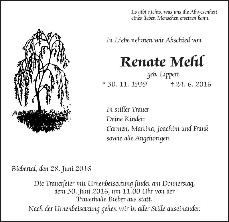  Traueranzeige für Renate Mehl vom 28.06.2016 aus Gießener Allgemeine, Alsfelder Allgemeine