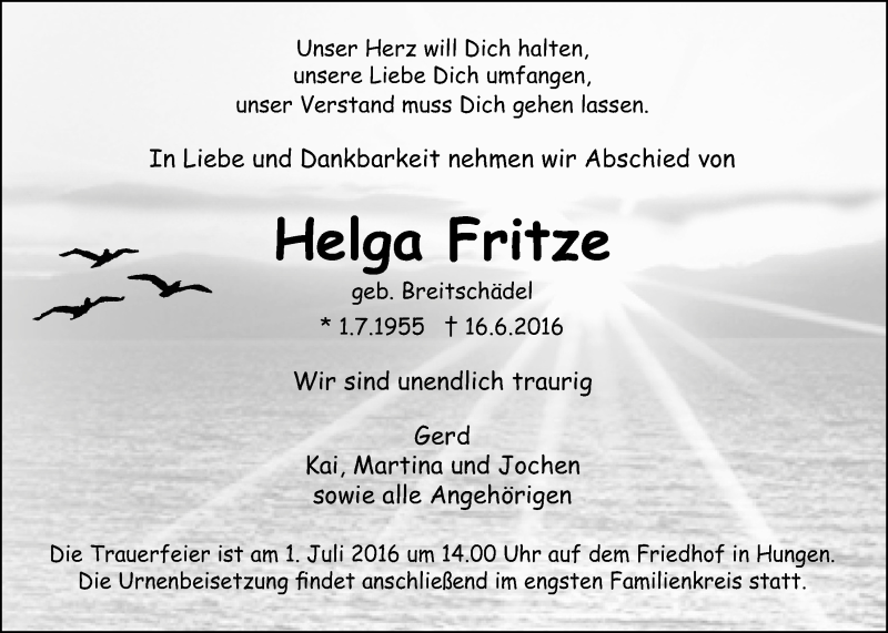  Traueranzeige für Helga Fritze vom 23.06.2016 aus Licher Wochenblatt, Licher Wochenblatt, Licher Wochenblatt