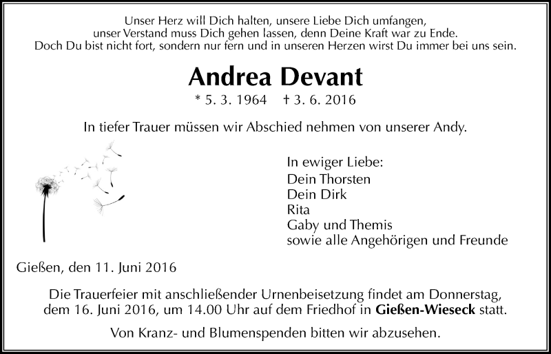  Traueranzeige für Andrea Devant vom 11.06.2016 aus Gießener Allgemeine, Alsfelder Allgemeine