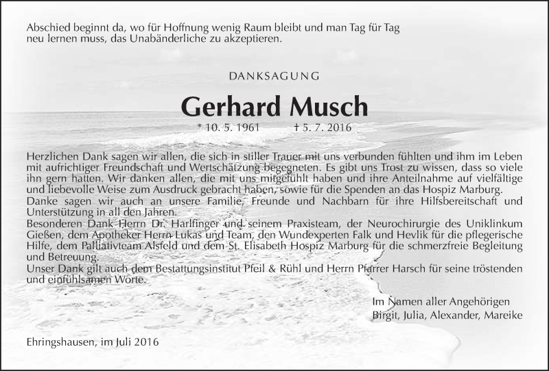  Traueranzeige für Gerhard Musch vom 30.07.2016 aus Alsfelder Allgemeine