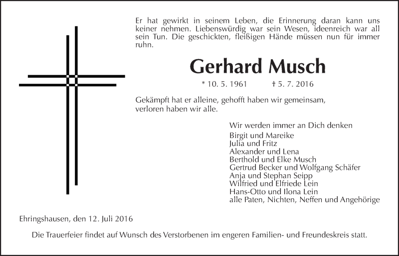  Traueranzeige für Gerhard Musch vom 12.07.2016 aus Alsfelder Allgemeine