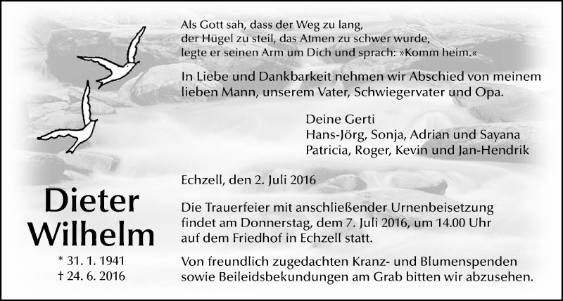  Traueranzeige für Dieter Wilhelm vom 02.07.2016 aus Wetterauer Zeitung, Wetterauer Zeitung