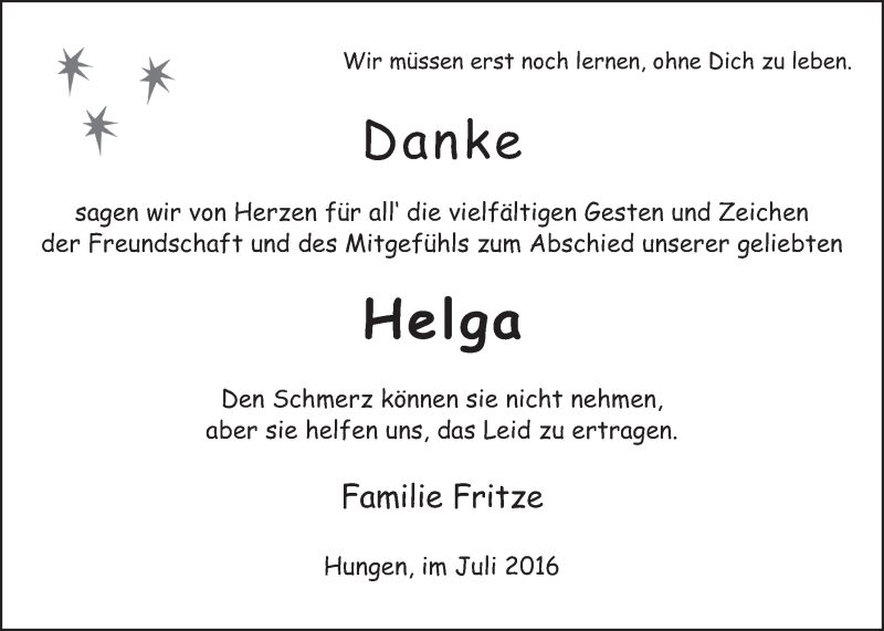  Traueranzeige für Helga Fritze vom 21.07.2016 aus Licher Wochenblatt, Licher Wochenblatt, Licher Wochenblatt